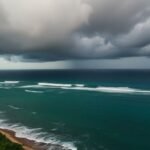 Tempête tropicale approchant des Petites Antilles avec ciel menaçant.
