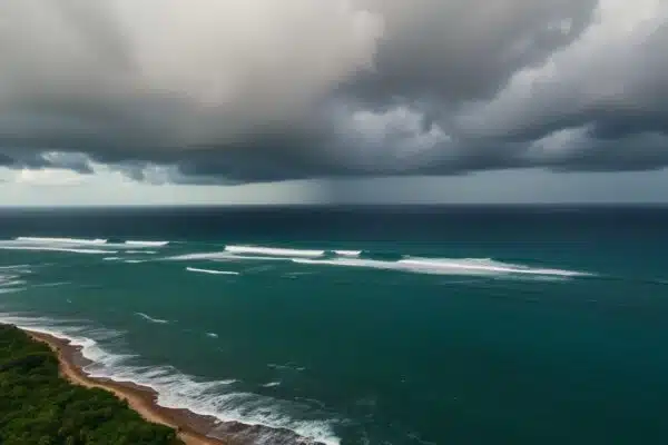 Tempête tropicale approchant des Petites Antilles avec ciel menaçant.