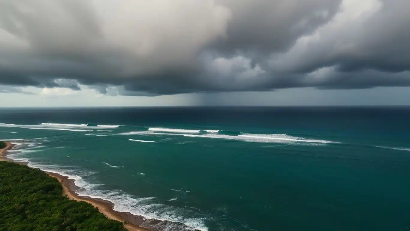 Tempête tropicale approchant des Petites Antilles avec ciel menaçant.