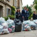 Habitants observant des sacs-poubelle transparents dans une rue.