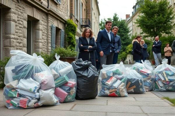 Habitants observant des sacs-poubelle transparents dans une rue.