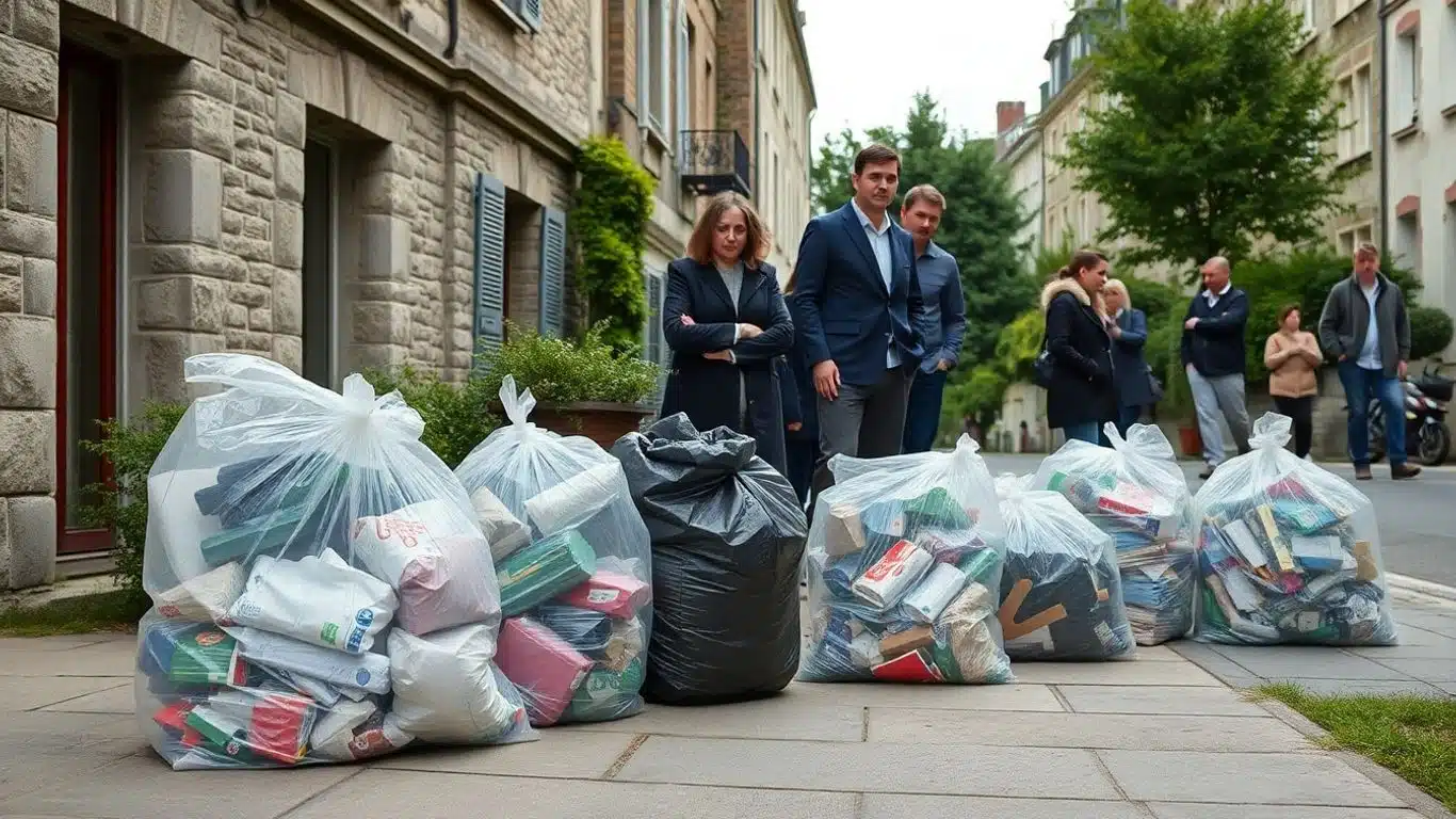 Habitants observant des sacs-poubelle transparents dans une rue.