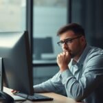 Employé de bureau inquiet devant un écran d'ordinateur noir.