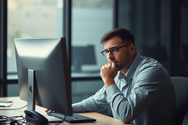 Employé de bureau inquiet devant un écran d'ordinateur noir.