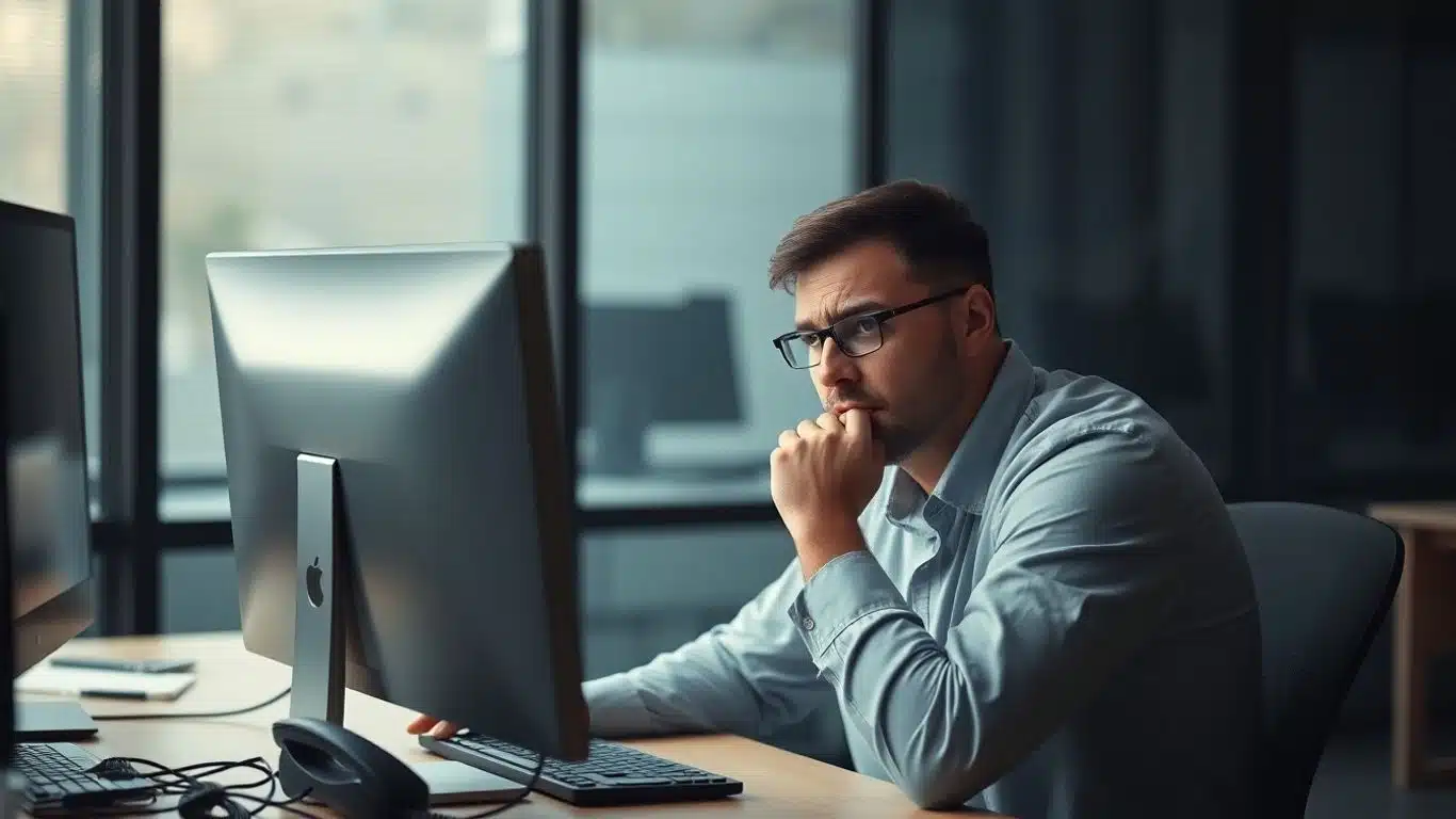 Employé de bureau inquiet devant un écran d'ordinateur noir.
