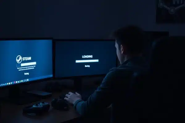 Joueur contrarié devant Steam bloqué sur ordinateur en 2025.