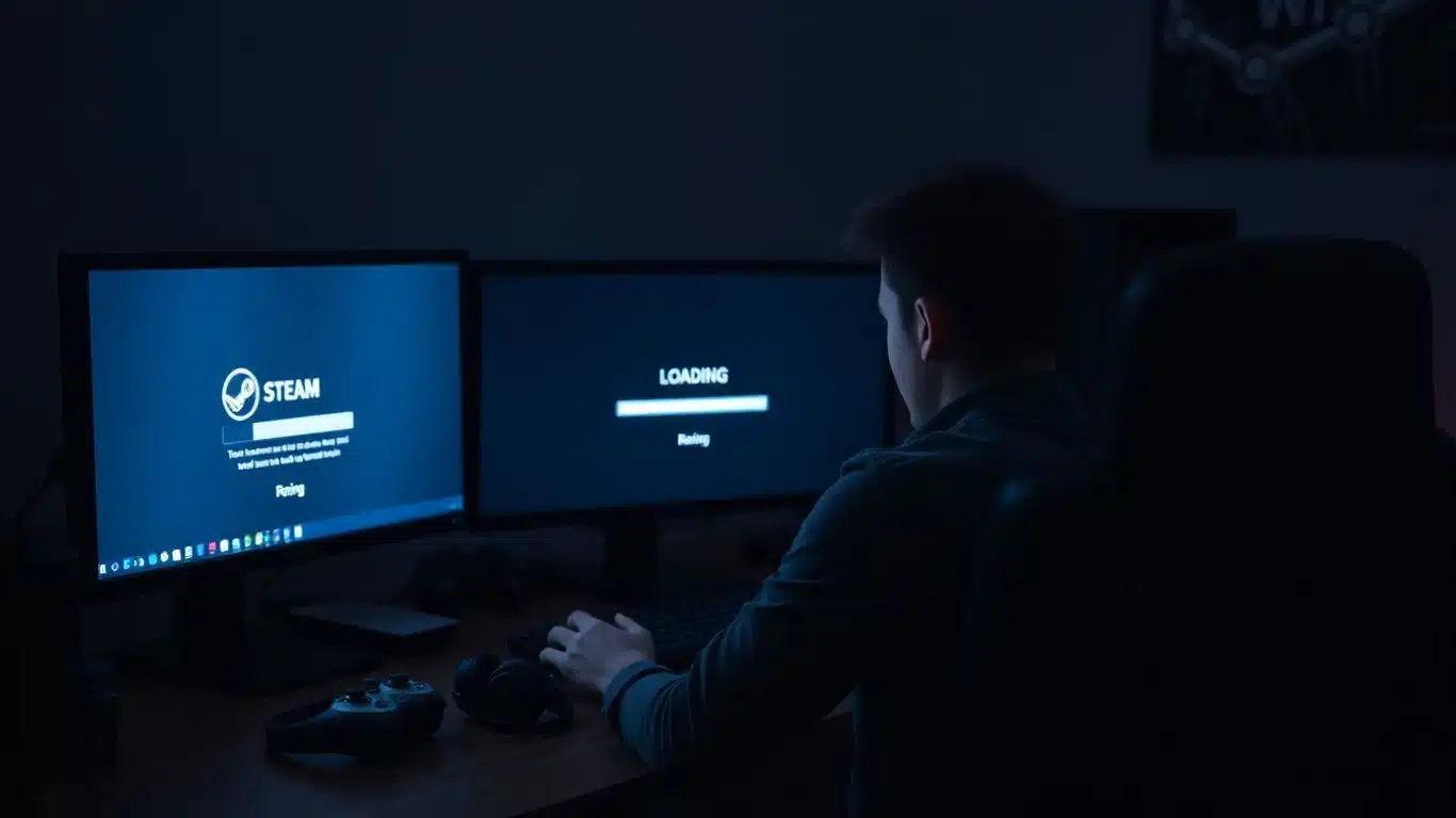 Joueur contrarié devant Steam bloqué sur ordinateur en 2025.