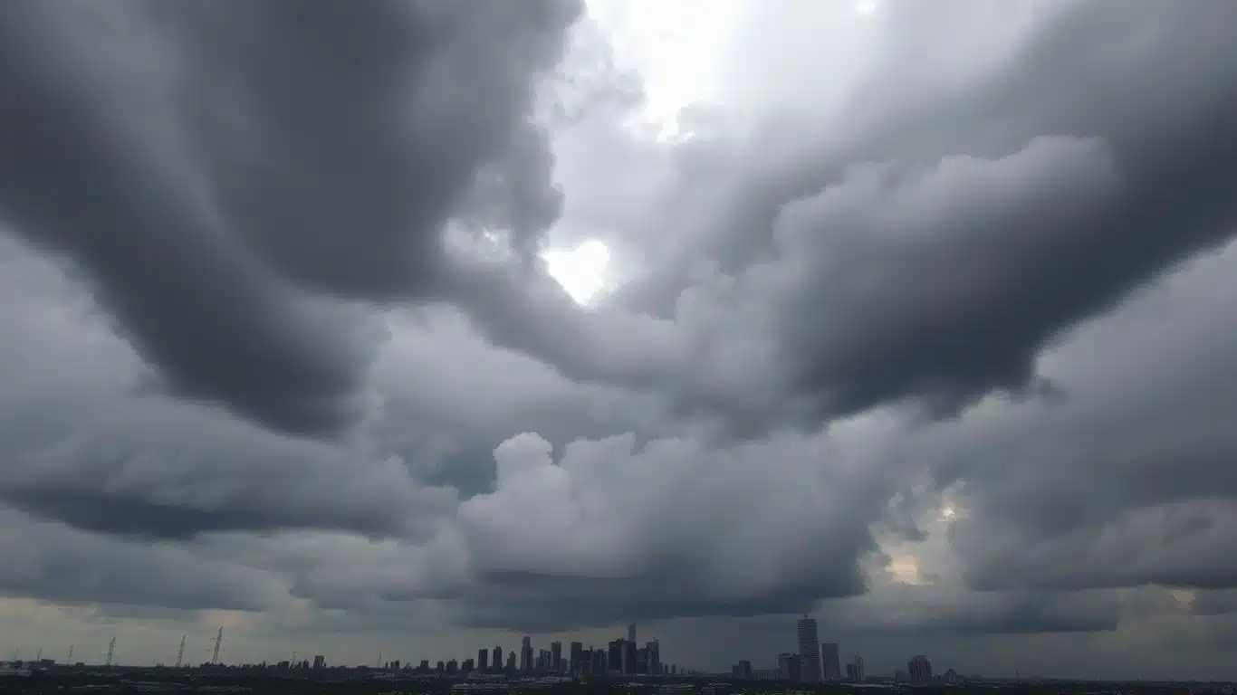 Ciel orageux menaçant au-dessus de Houston, alerte tornade.