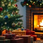 Arbre de Noël décoré avec des cadeaux et une cheminée.