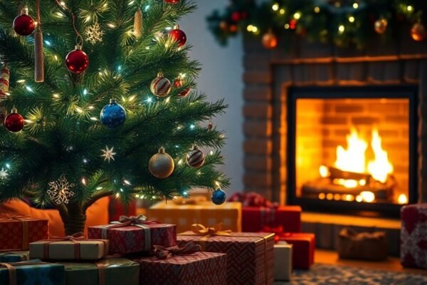 Arbre de Noël décoré avec des cadeaux et une cheminée.