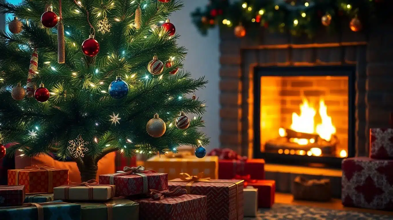 Arbre de Noël décoré avec des cadeaux et une cheminée.