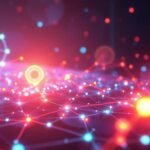 Paysage numérique futuriste avec des formes abstraites lumineuses.