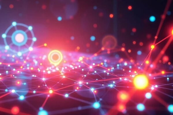 Paysage numérique futuriste avec des formes abstraites lumineuses.