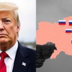 Trump et carte de l'Ukraine avec gains russes.