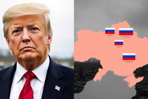 Trump et carte de l'Ukraine avec gains russes.