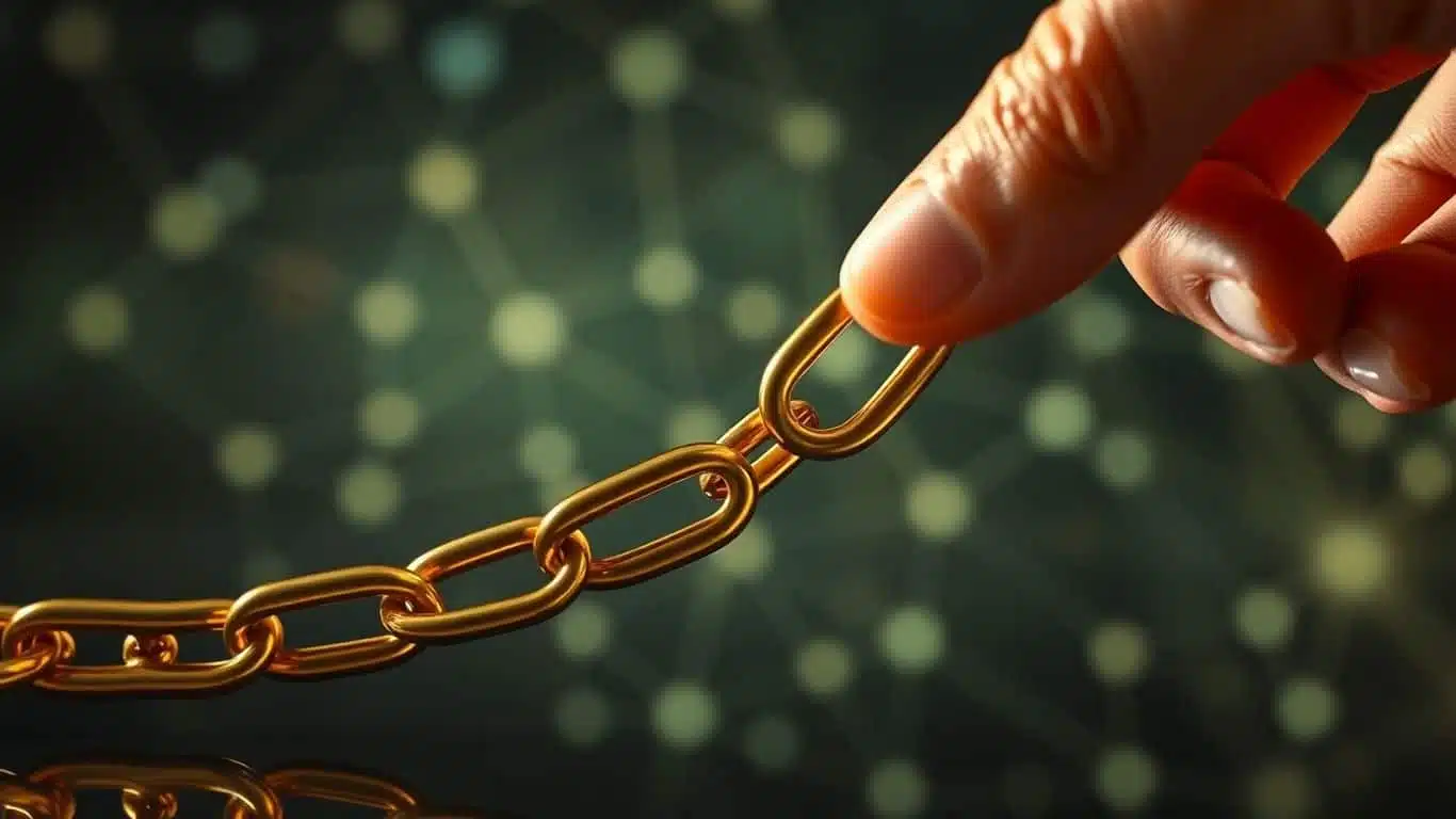 Main d'une personne plaçant un lien doré dans une chaîne.
