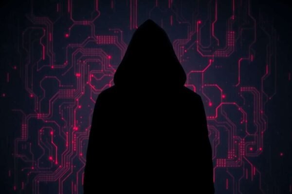 Paysage numérique sombre avec des circuits rouges lumineux.