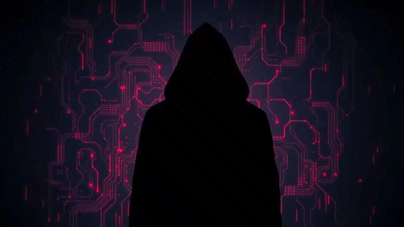 Paysage numérique sombre avec des circuits rouges lumineux.