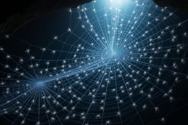 Toile d'araignée géante dans une grotte avec des araignées