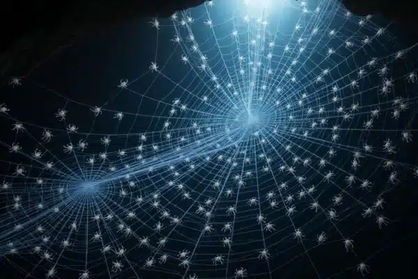 Toile d'araignée géante dans une grotte avec des araignées