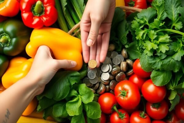 Légumes frais et pièces de monnaie pour économiser sur l'épicerie.