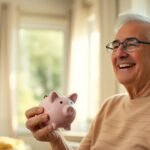 Personne souriante avec une tirelire, symbolisant la retraite.