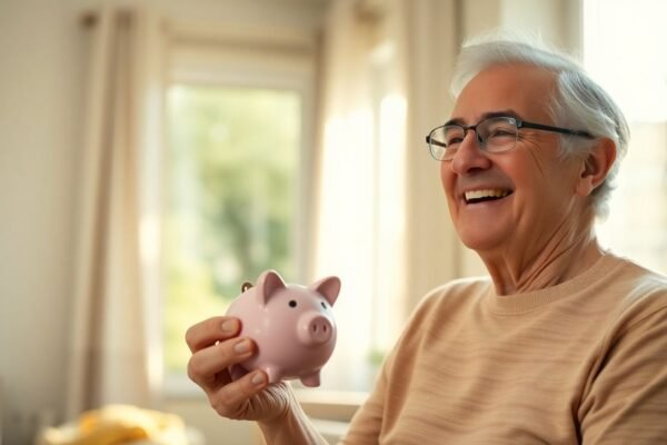 Personne souriante avec une tirelire, symbolisant la retraite.