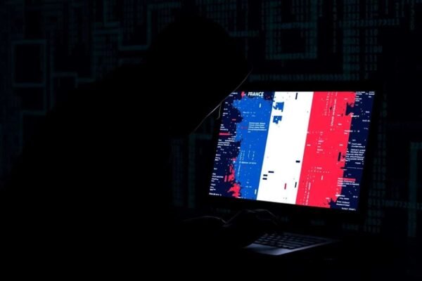 Fuite de données Pajemploi : code binaire et drapeau français fragmenté.