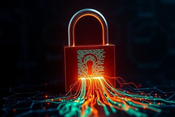 Verrou numérique brisé, données s'échappant, faille de sécurité.