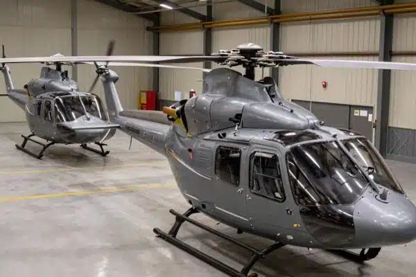 Flotte d'hélicoptères Airbus H145M en hangar.