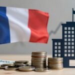 Drapeau français, argent, bâtiment de santé, croissance financière.