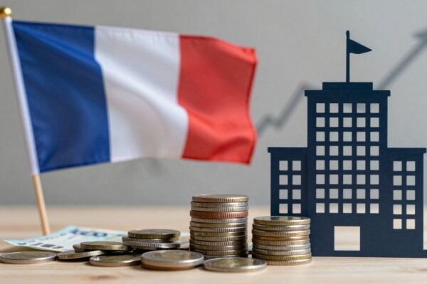 Drapeau français, argent, bâtiment de santé, croissance financière.