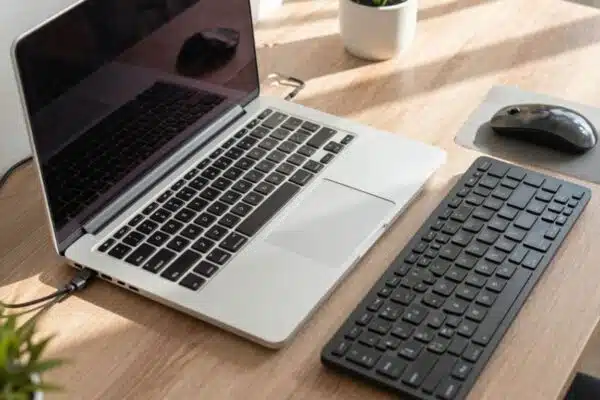 Ordinateur configuré sur un bureau propre et organisé.