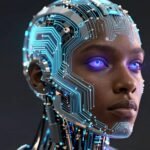 Tête de robot futuriste avec des circuits lumineux bleus et violets.