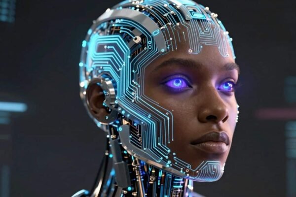 Tête de robot futuriste avec des circuits lumineux bleus et violets.