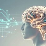 Cerveau humain stylisé avec des circuits numériques lumineux.