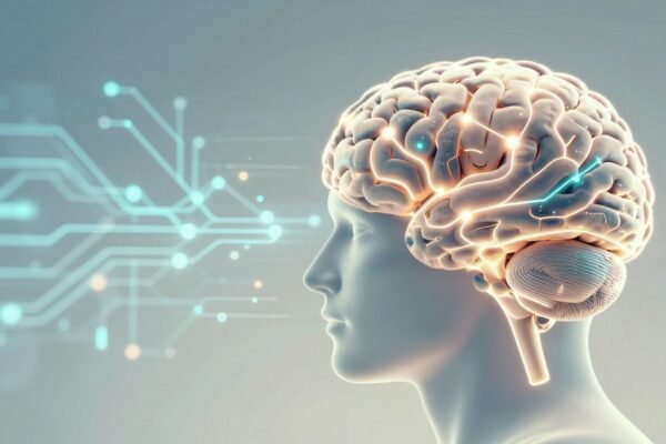 Cerveau humain stylisé avec des circuits numériques lumineux.