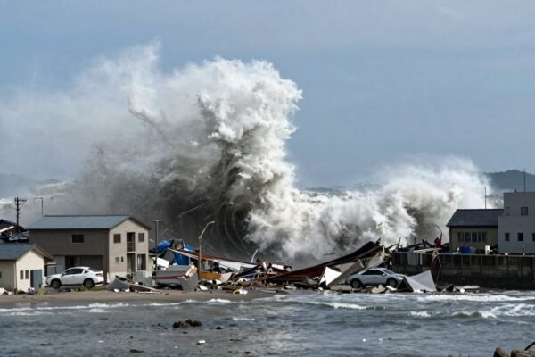 Tsunami frappant le Japon après un séisme
