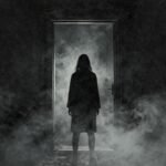 Figure devant une porte sinistre dans le brouillard.