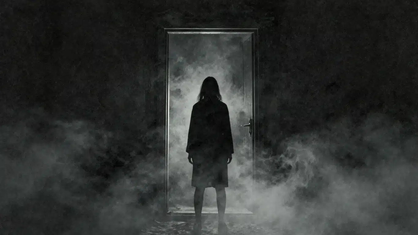 Figure devant une porte sinistre dans le brouillard.