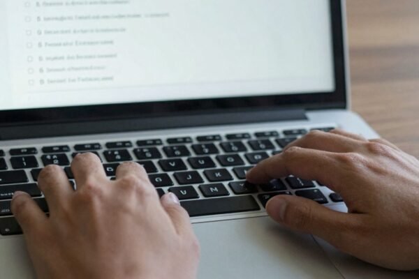 Mains tapant sur un clavier d'ordinateur portable dans un forum.