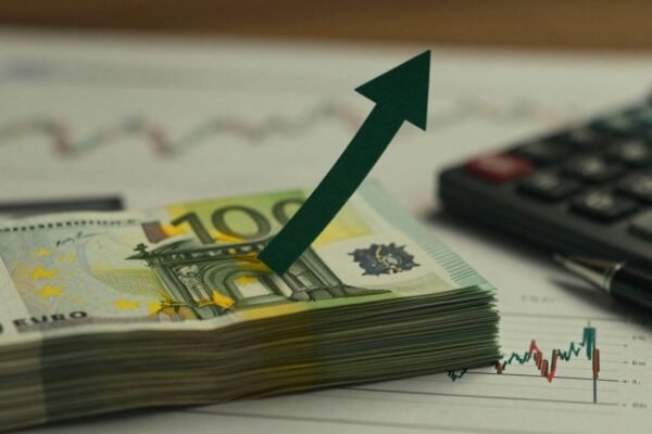 Billettes d'euros avec une flèche ascendante.