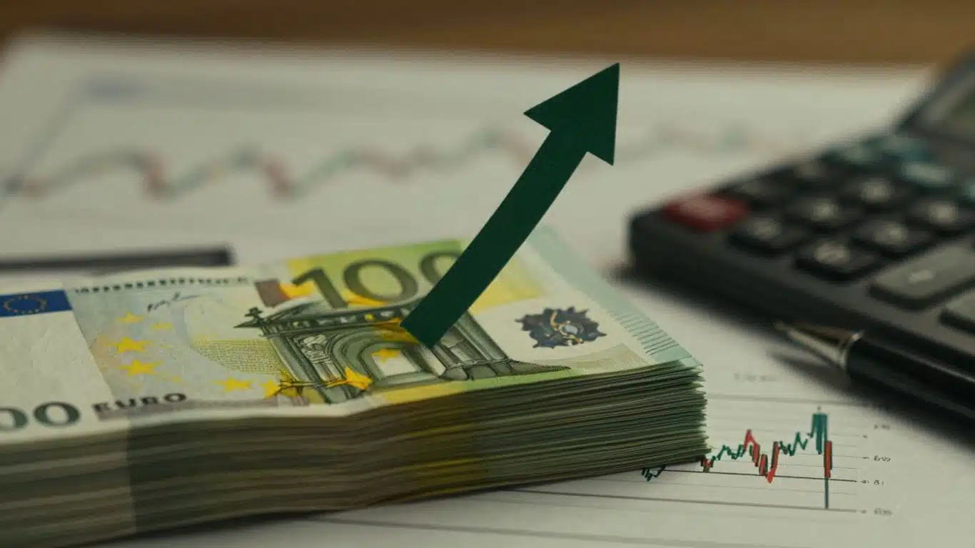 Billettes d'euros avec une flèche ascendante.
