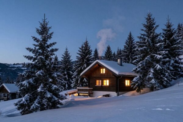 Paysage d'hiver enneigé avec une cabane confortable.