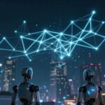 Ville futuriste avec des réseaux neuronaux lumineux et des robots