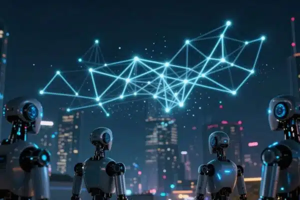 Ville futuriste avec des réseaux neuronaux lumineux et des robots