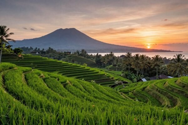 Rizieres luxuriantes de Bali au coucher du soleil.