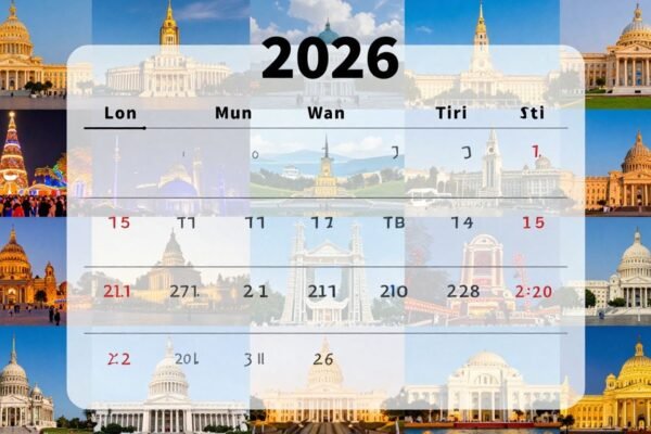 Calendrier 2026 avec des images de vacances et de jours fériés.