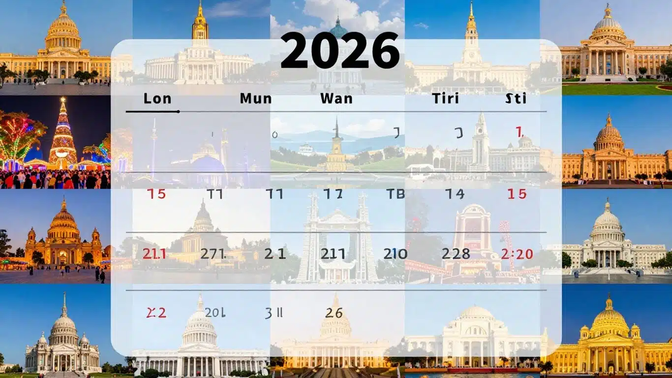 Calendrier 2026 avec des images de vacances et de jours fériés.