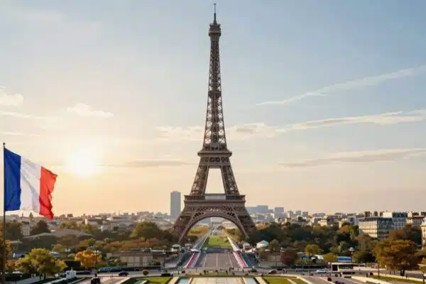 Paysage fiscal français avec des symboles de croissance et de stabilité.